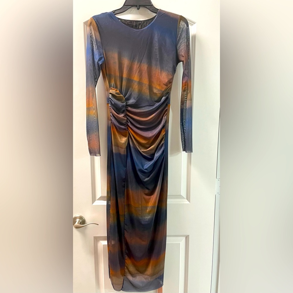 Tie Dye Ruched Detail Mesh Midi Dress
